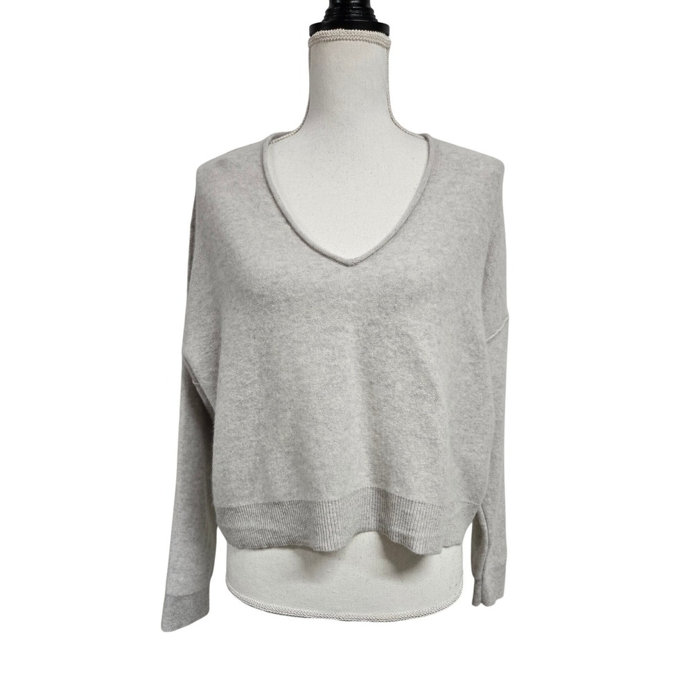 Pilcro Anthropologie 100% Cashmere V-Neck Relaxed Crop Sweater Gray Womens Sz M